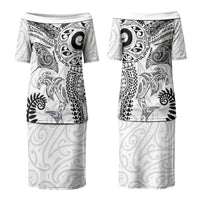 Aotearoa Maori Sea Animals Tribal Couples Matching Puletasi and Hawaiian Shirt Manta Ray and Shark Moko Pattern White Color LT03 - Polynesian Pride