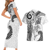 Aotearoa Maori Sea Animals Tribal Couples Matching Short Sleeve Bodycon Dress and Hawaiian Shirt Manta Ray and Shark Moko Pattern White Color LT03 - Polynesian Pride