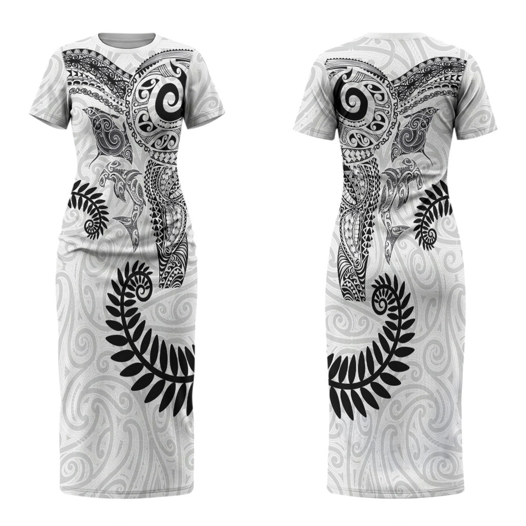Aotearoa Maori Sea Animals Tribal Couples Matching Short Sleeve Bodycon Dress and Long Sleeve Button Shirt Manta Ray and Shark Moko Pattern White Color LT03 - Polynesian Pride