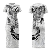 Aotearoa Maori Sea Animals Tribal Couples Matching Short Sleeve Bodycon Dress and Long Sleeve Button Shirt Manta Ray and Shark Moko Pattern White Color LT03 - Polynesian Pride
