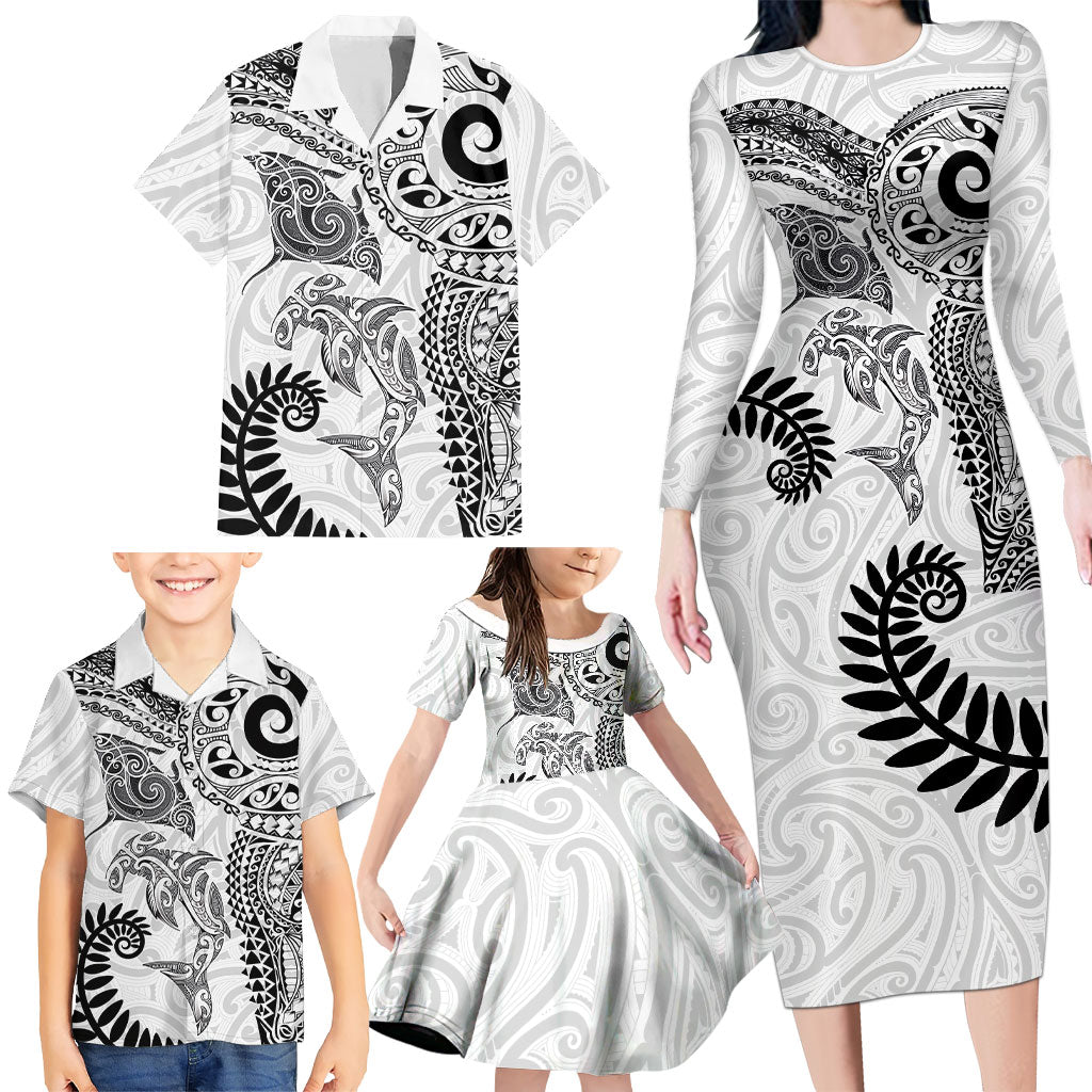 Aotearoa Maori Sea Animals Tribal Family Matching Long Sleeve Bodycon Dress and Hawaiian Shirt Manta Ray and Shark Moko Pattern White Color LT03 - Polynesian Pride