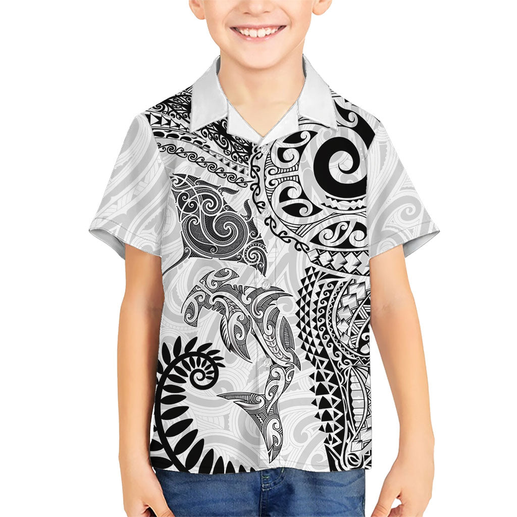Aotearoa Maori Sea Animals Tribal Family Matching Mermaid Dress and Hawaiian Shirt Manta Ray and Shark Moko Pattern White Color LT03 Son's Shirt White - Polynesian Pride
