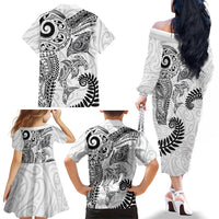 Aotearoa Maori Sea Animals Tribal Family Matching Off The Shoulder Long Sleeve Dress and Hawaiian Shirt Manta Ray and Shark Moko Pattern White Color LT03 - Polynesian Pride