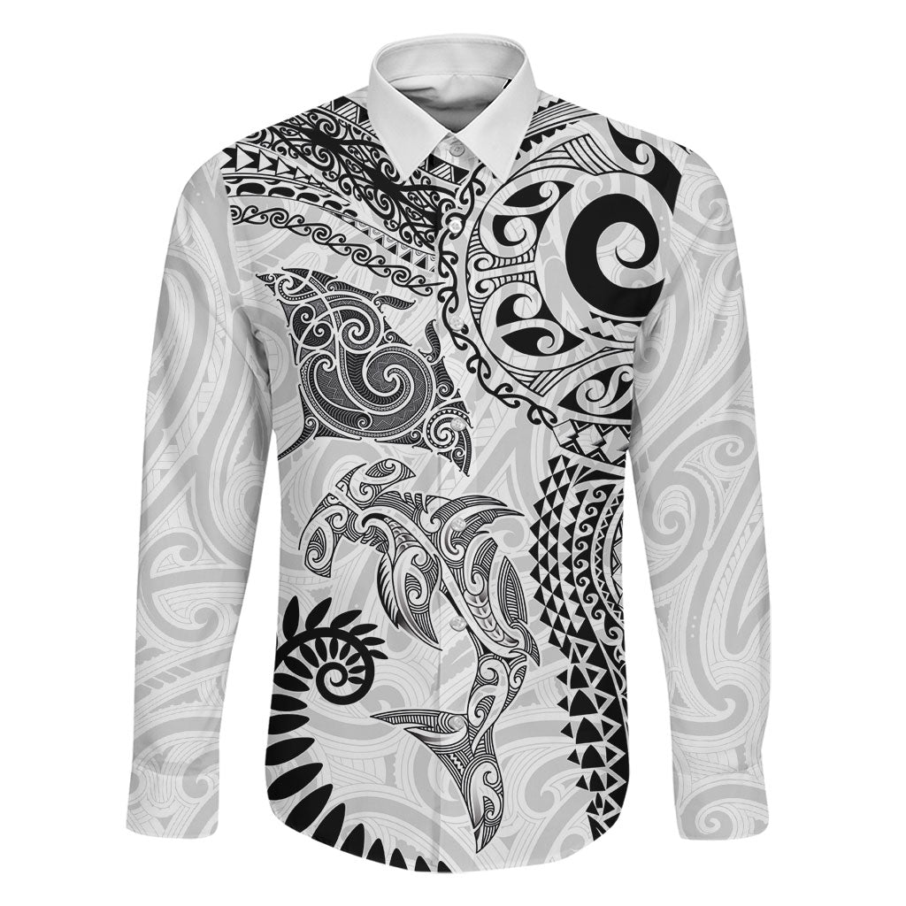 Aotearoa Maori Sea Animals Tribal Family Matching Off The Shoulder Long Sleeve Dress and Hawaiian Shirt Manta Ray and Shark Moko Pattern White Color LT03 Dad's Shirt - Long Sleeve White - Polynesian Pride