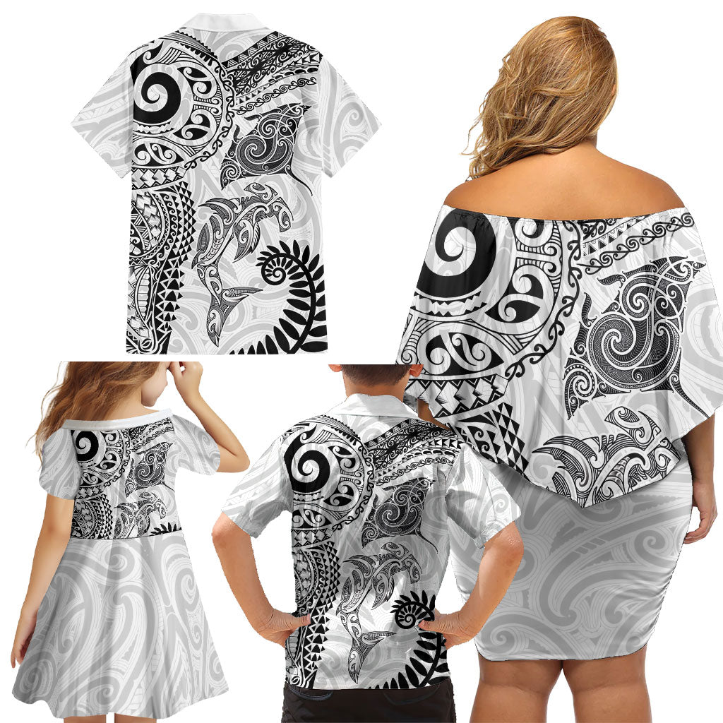 Aotearoa Maori Sea Animals Tribal Family Matching Off Shoulder Short Dress and Hawaiian Shirt Manta Ray and Shark Moko Pattern White Color LT03 - Polynesian Pride