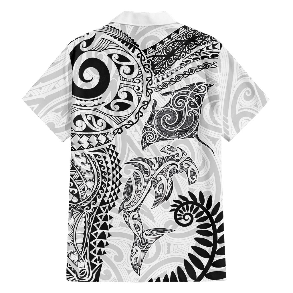 Aotearoa Maori Sea Animals Tribal Family Matching Off Shoulder Short Dress and Hawaiian Shirt Manta Ray and Shark Moko Pattern White Color LT03 - Polynesian Pride