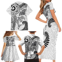 Aotearoa Maori Sea Animals Tribal Family Matching Short Sleeve Bodycon Dress and Hawaiian Shirt Manta Ray and Shark Moko Pattern White Color LT03 - Polynesian Pride