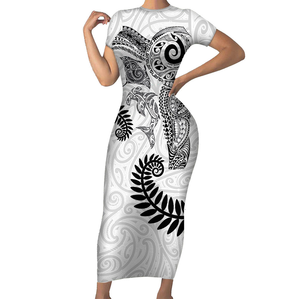 Aotearoa Maori Sea Animals Tribal Family Matching Short Sleeve Bodycon Dress and Hawaiian Shirt Manta Ray and Shark Moko Pattern White Color LT03 Mom's Dress White - Polynesian Pride