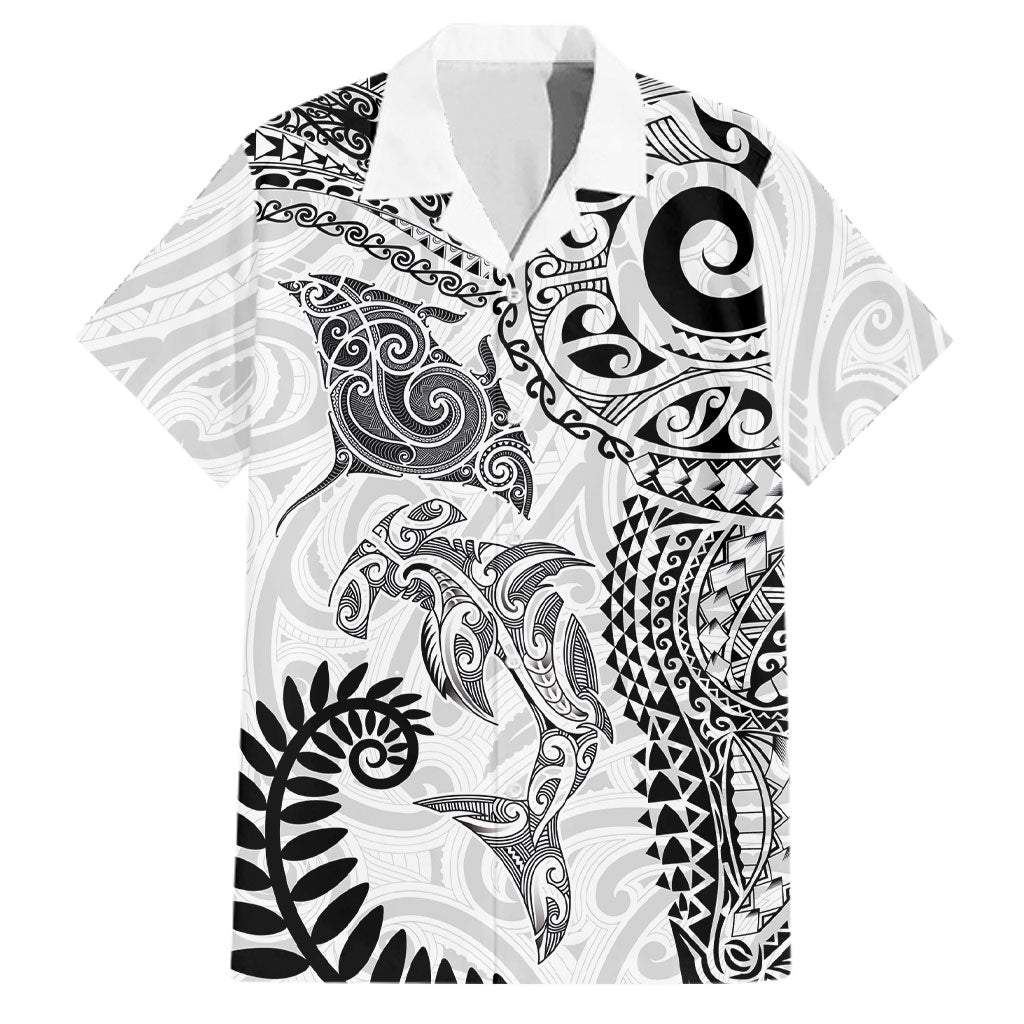 Aotearoa Maori Sea Animals Tribal Family Matching Summer Maxi Dress and Hawaiian Shirt Manta Ray and Shark Moko Pattern White Color LT03 Dad's Shirt - Short Sleeve White - Polynesian Pride