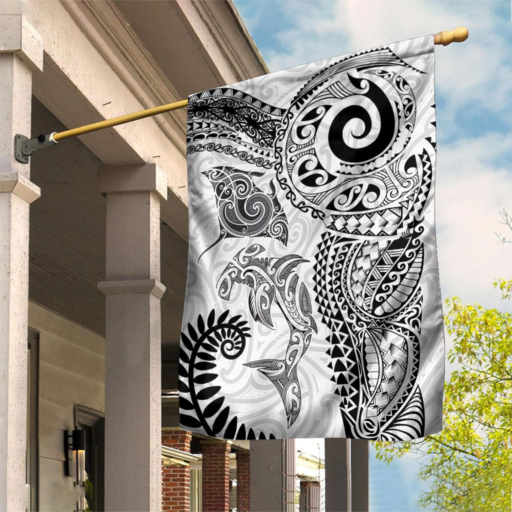 Aotearoa Maori Sea Animals Tribal Garden Flag Manta Ray and Shark Moko Pattern White Color