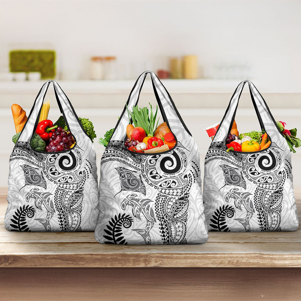 Aotearoa Maori Sea Animals Tribal Grocery Bag Manta Ray and Shark Moko Pattern White Color
