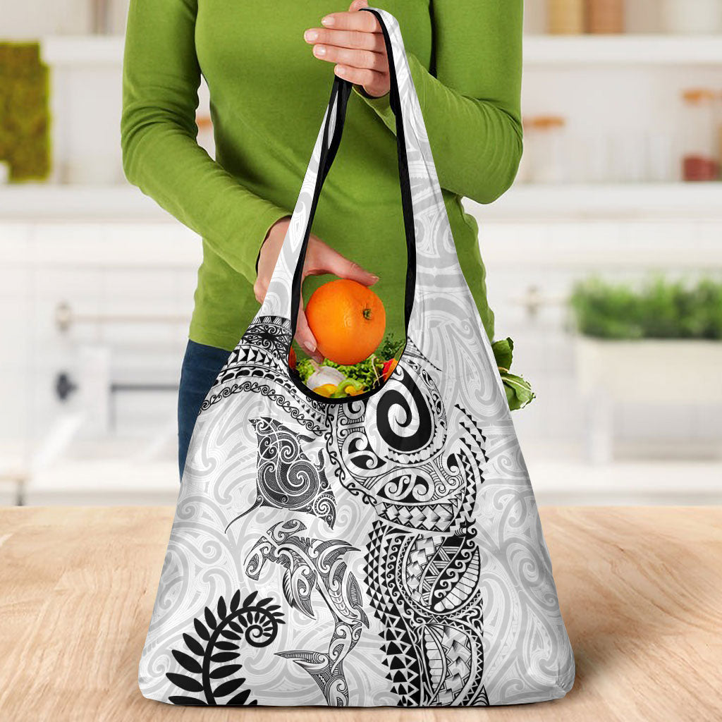Aotearoa Maori Sea Animals Tribal Grocery Bag Manta Ray and Shark Moko Pattern White Color