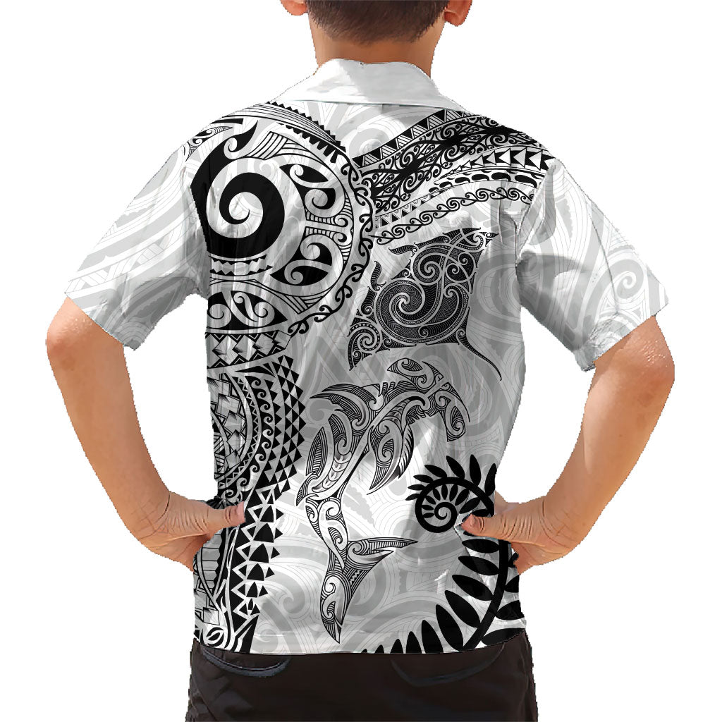 Aotearoa Maori Sea Animals Tribal Hawaiian Shirt Manta Ray and Shark Moko Pattern White Color