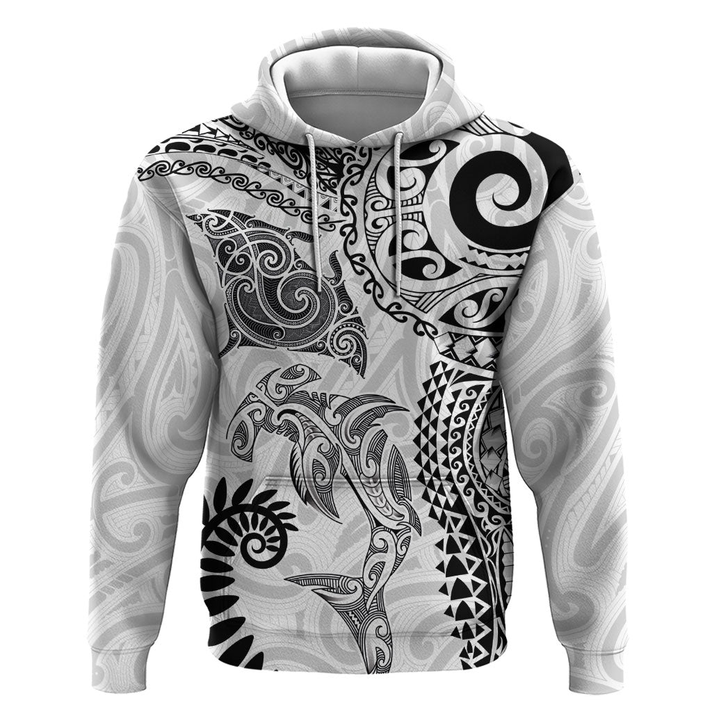 Aotearoa Maori Sea Animals Tribal Hoodie Manta Ray and Shark Moko Pattern White Color
