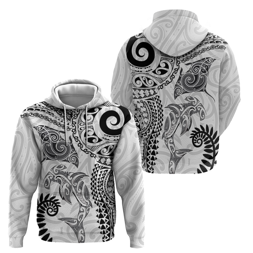 Aotearoa Maori Sea Animals Tribal Hoodie Manta Ray and Shark Moko Pattern White Color