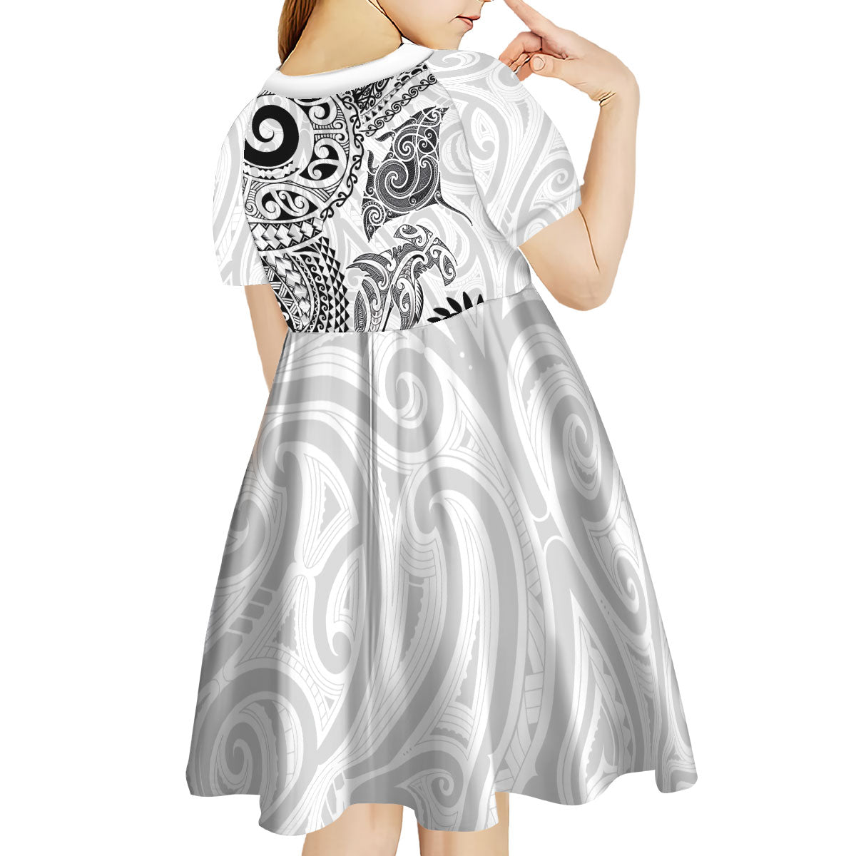 Aotearoa Maori Sea Animals Tribal Kid Short Sleeve Dress Manta Ray and Shark Moko Pattern White Color