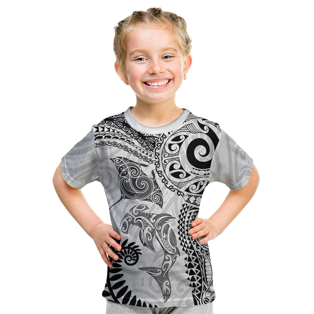 Aotearoa Maori Sea Animals Tribal Kid T Shirt Manta Ray and Shark Moko Pattern White Color