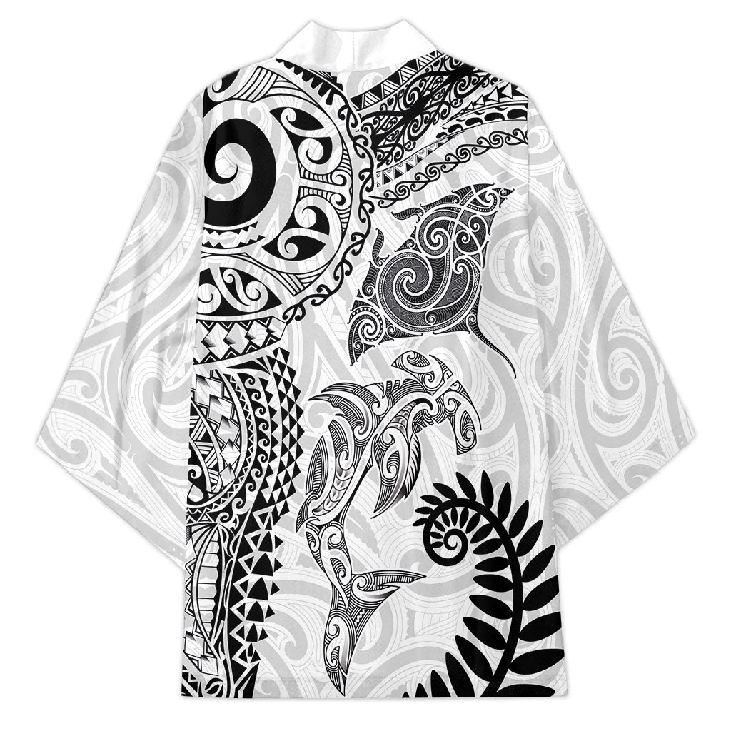 Aotearoa Maori Sea Animals Tribal Kimono Manta Ray and Shark Moko Pattern White Color