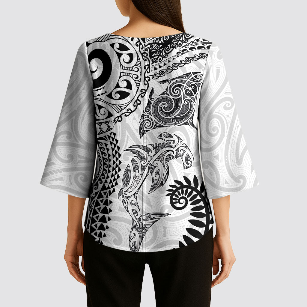 Aotearoa Maori Sea Animals Tribal Kimono Sleeve Blouse Manta Ray and Shark Moko Pattern White Color