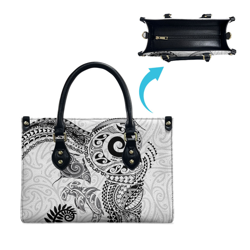 Aotearoa Maori Sea Animals Tribal Leather Bag Manta Ray and Shark Moko Pattern White Color