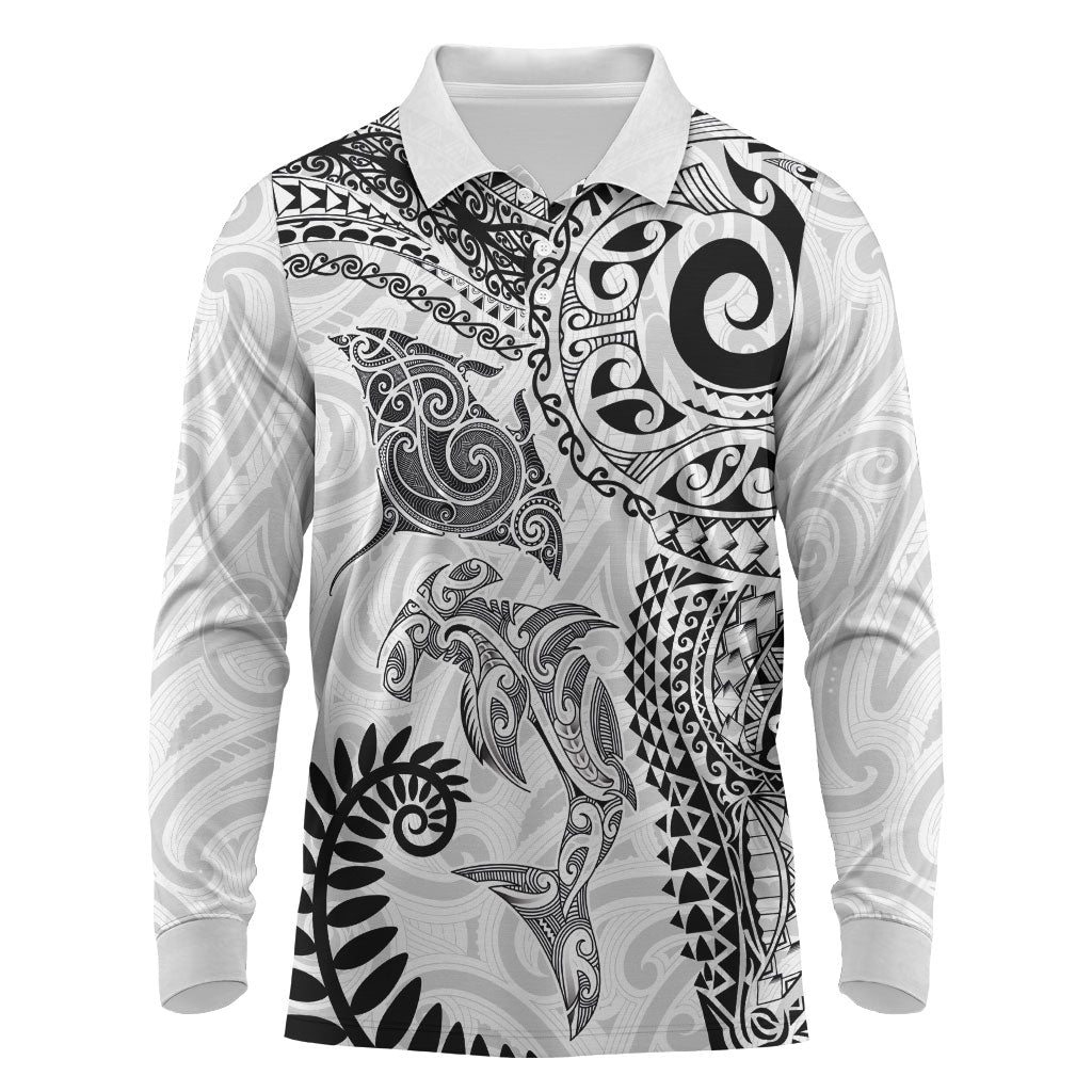 Aotearoa Maori Sea Animals Tribal Long Sleeve Polo Shirt Manta Ray and Shark Moko Pattern White Color