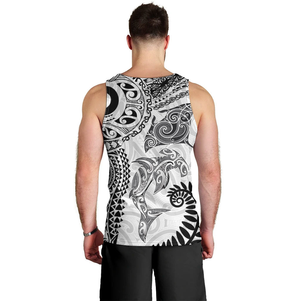 Aotearoa Maori Sea Animals Tribal Men Tank Top Manta Ray and Shark Moko Pattern White Color
