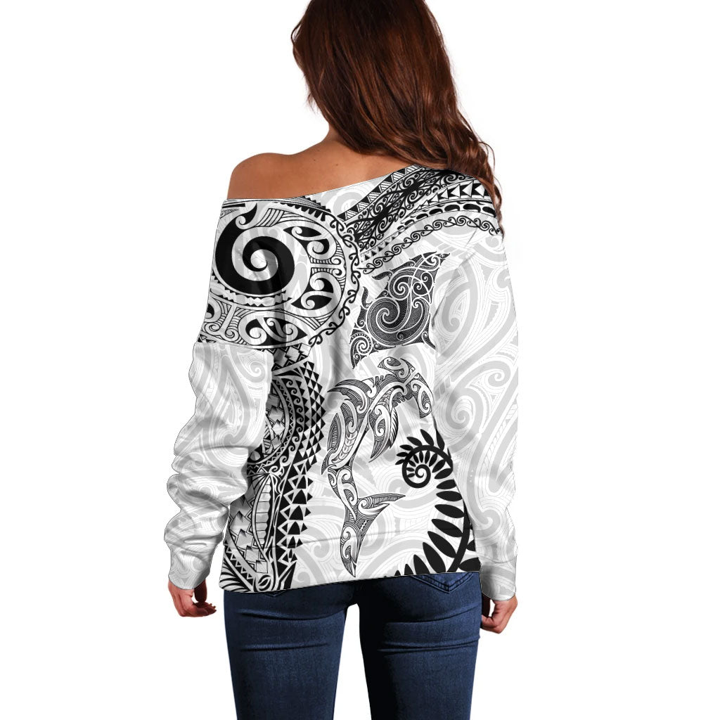Aotearoa Maori Sea Animals Tribal Off Shoulder Sweater Manta Ray and Shark Moko Pattern White Color
