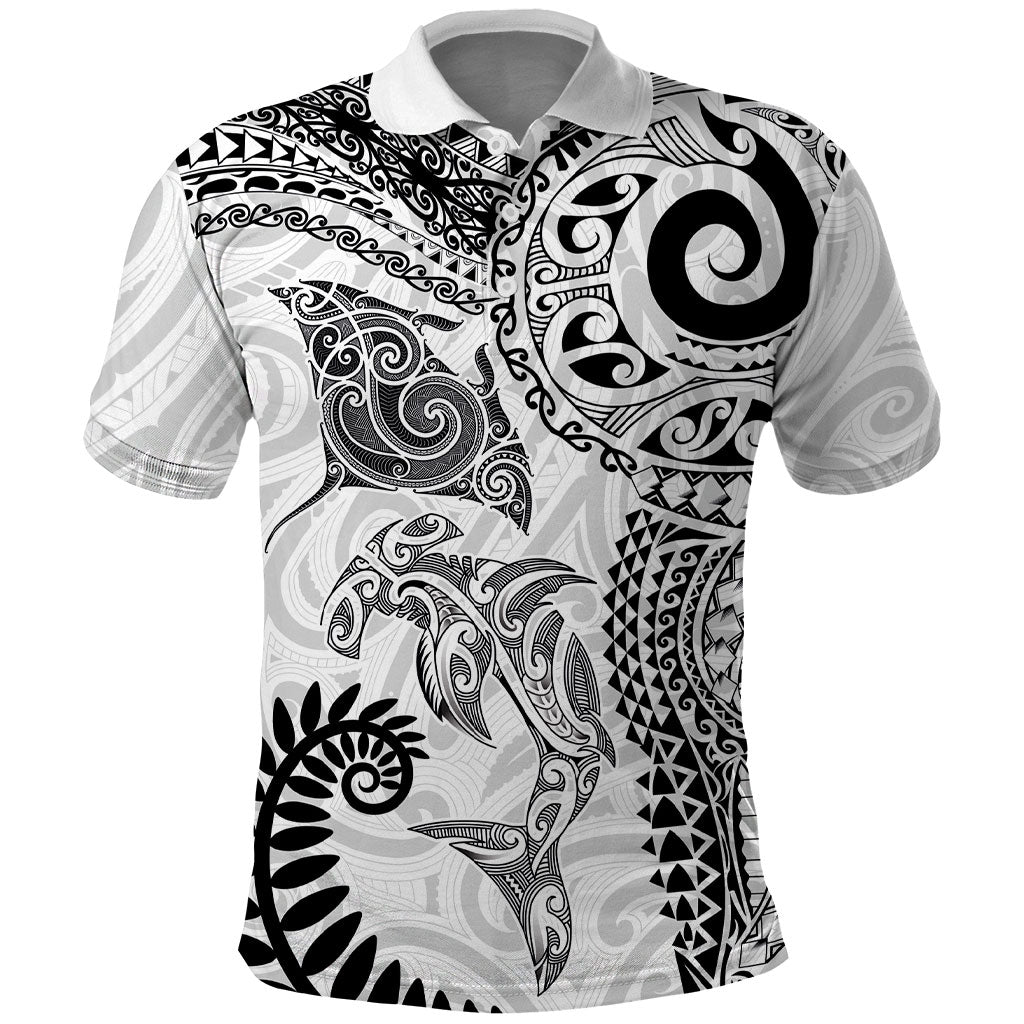 Aotearoa Maori Sea Animals Tribal Polo Shirt Manta Ray and Shark Moko Pattern White Color