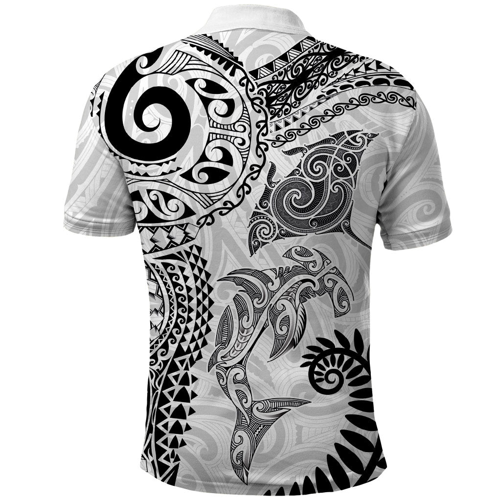 Aotearoa Maori Sea Animals Tribal Polo Shirt Manta Ray and Shark Moko Pattern White Color