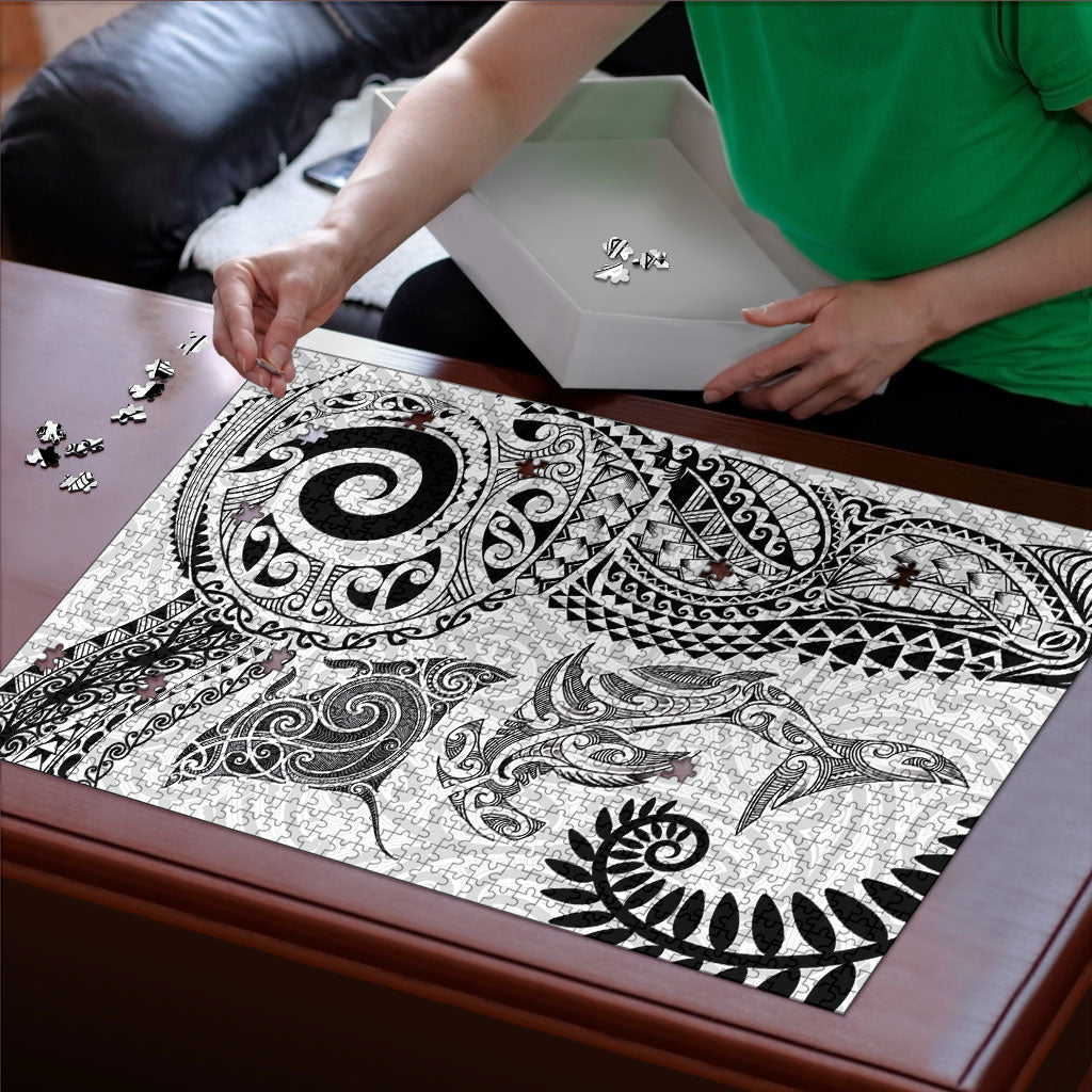 Aotearoa Maori Sea Animals Tribal Puzzle Manta Ray and Shark Moko Pattern White Color