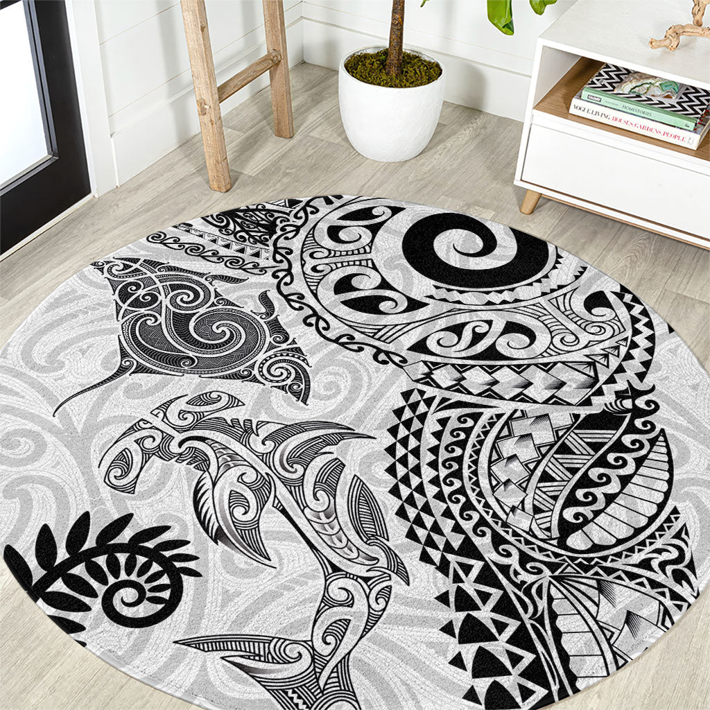 Aotearoa Maori Sea Animals Tribal Round Carpet Manta Ray and Shark Moko Pattern White Color