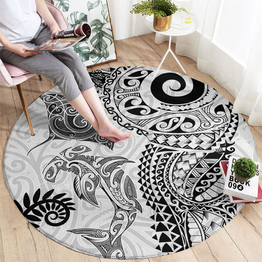 Aotearoa Maori Sea Animals Tribal Round Carpet Manta Ray and Shark Moko Pattern White Color