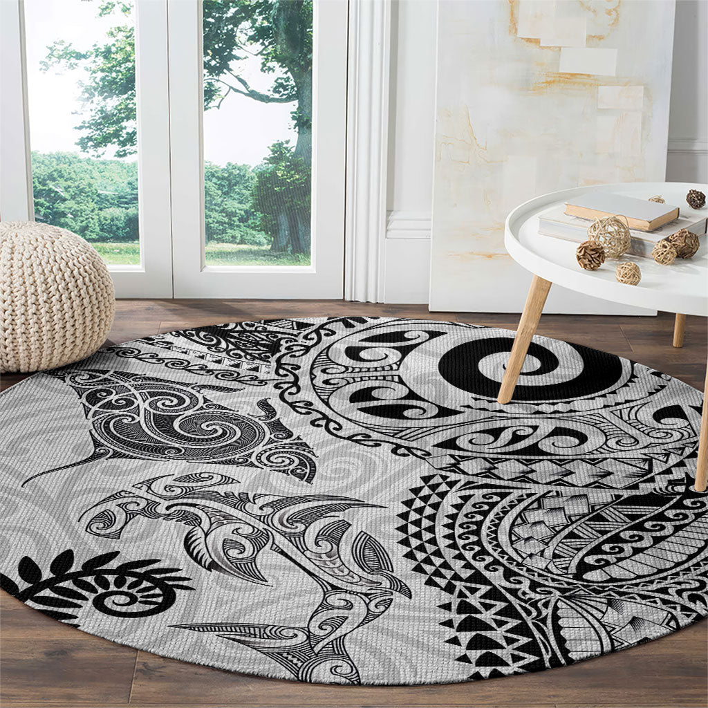 Aotearoa Maori Sea Animals Tribal Round Carpet Manta Ray and Shark Moko Pattern White Color