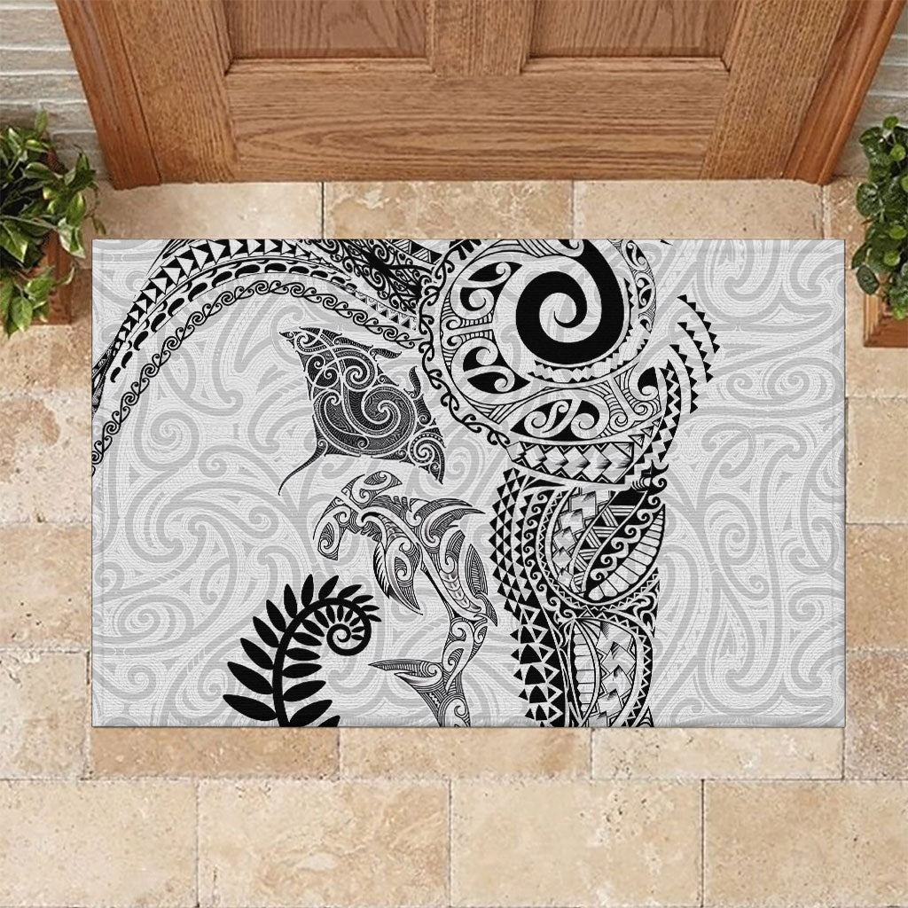 Aotearoa Maori Sea Animals Tribal Rubber Doormat Manta Ray and Shark Moko Pattern White Color