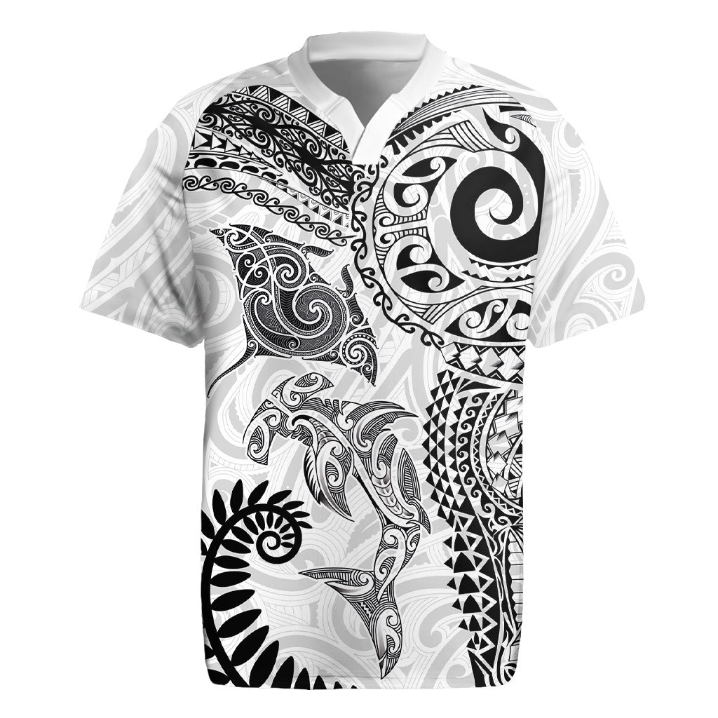 Aotearoa Maori Sea Animals Tribal Rugby Jersey Manta Ray and Shark Moko Pattern White Color
