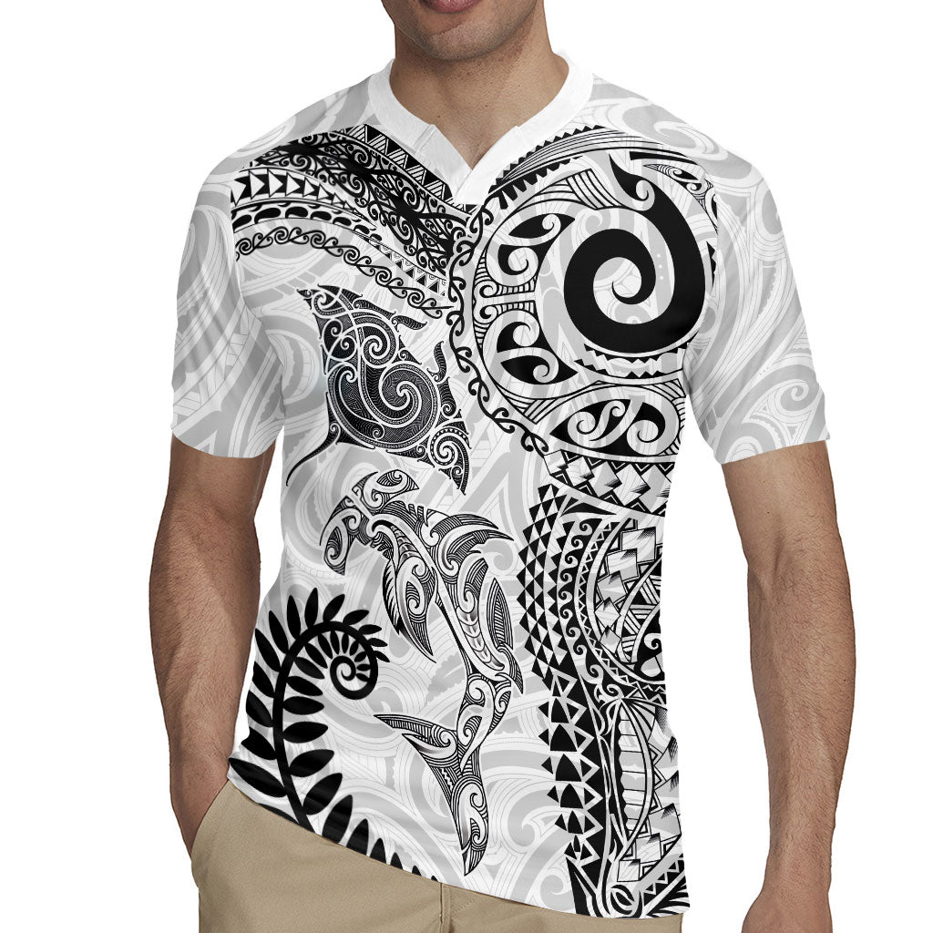 Aotearoa Maori Sea Animals Tribal Rugby Jersey Manta Ray and Shark Moko Pattern White Color