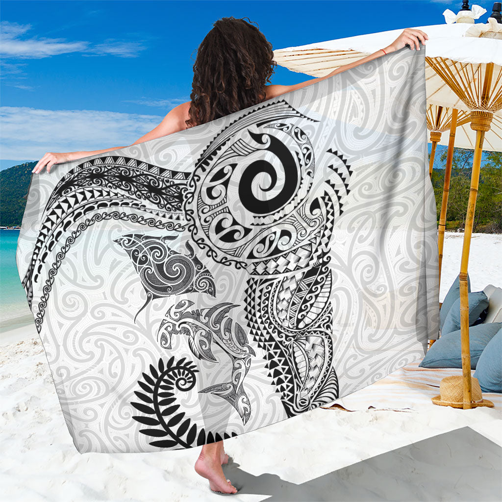Aotearoa Maori Sea Animals Tribal Sarong Manta Ray and Shark Moko Pattern White Color