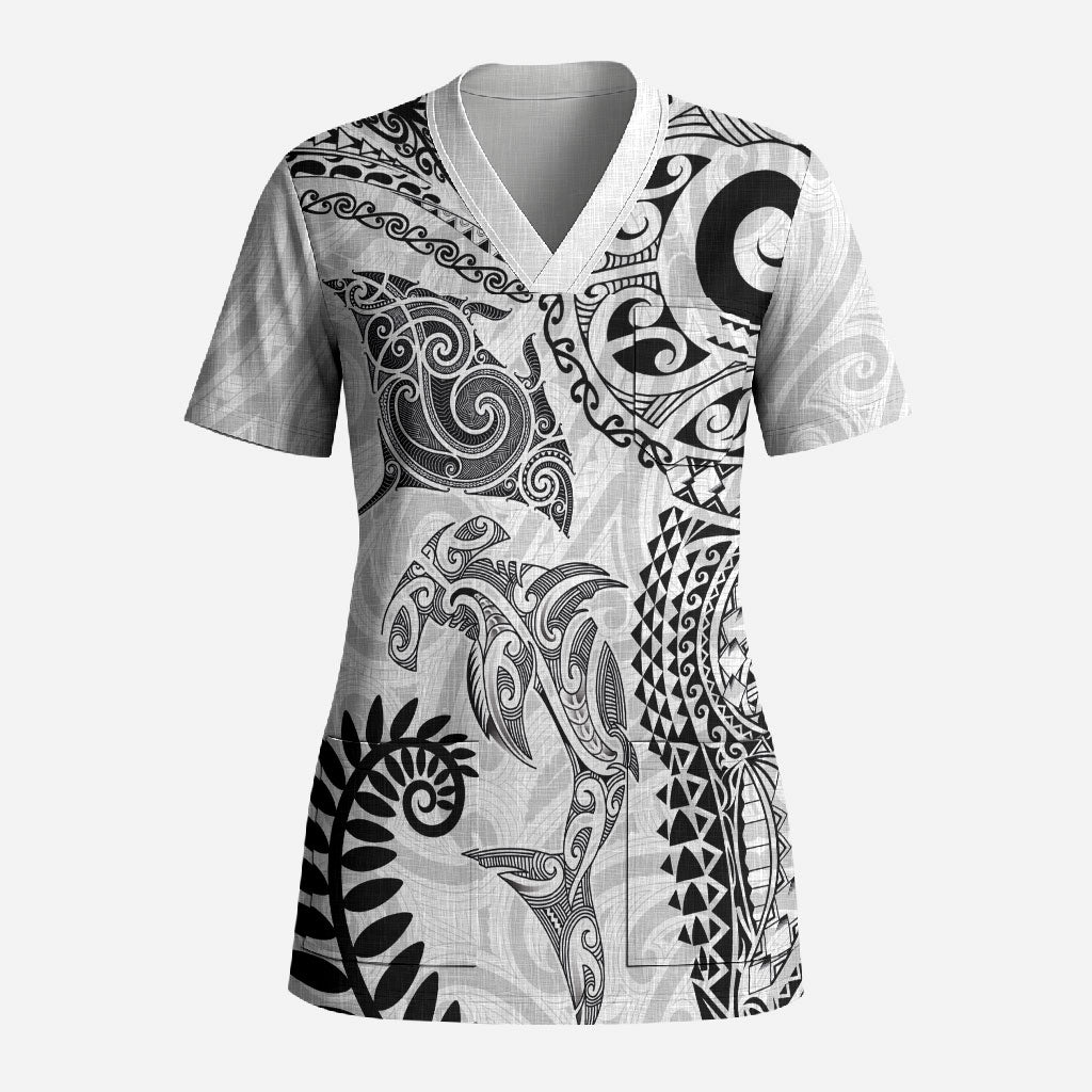 Aotearoa Maori Sea Animals Tribal Scrub Top Manta Ray and Shark Moko Pattern White Color