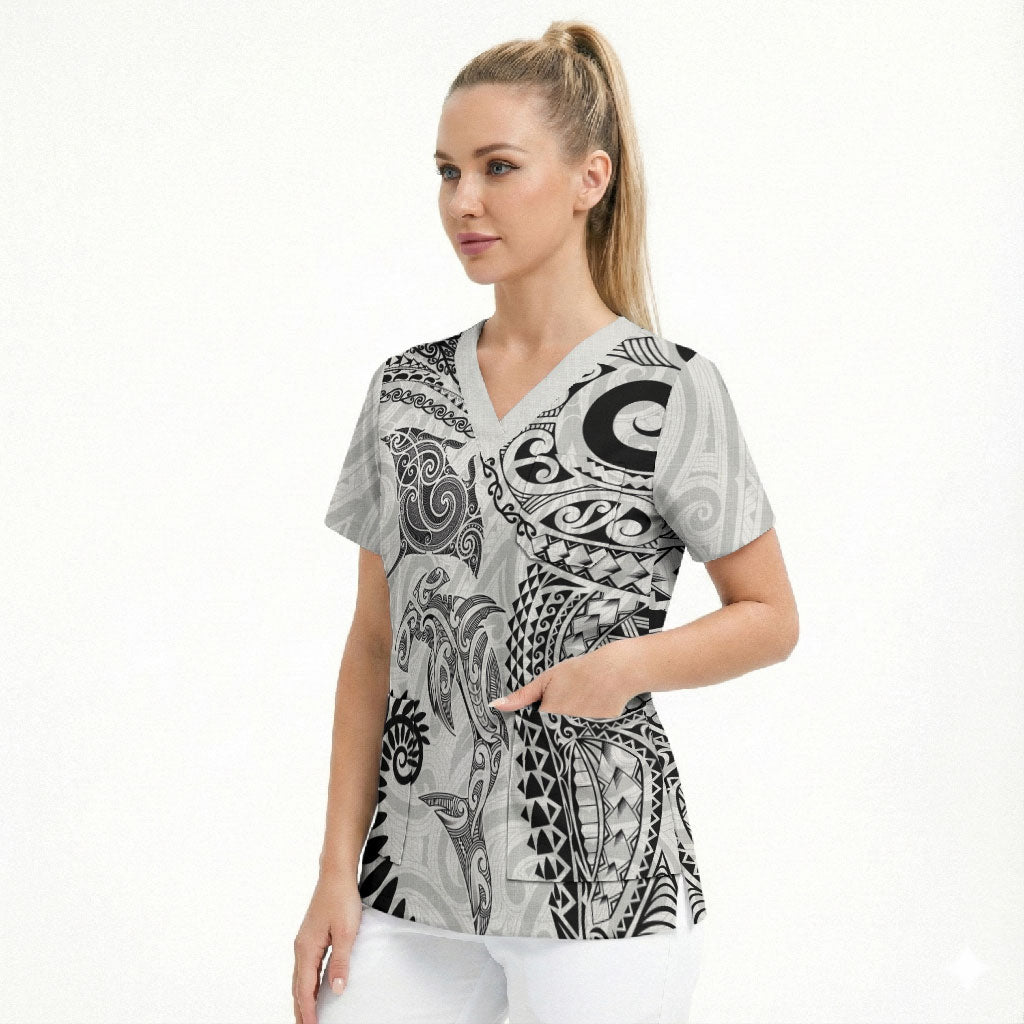 Aotearoa Maori Sea Animals Tribal Scrub Top Manta Ray and Shark Moko Pattern White Color