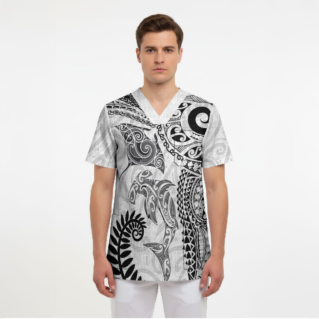 Aotearoa Maori Sea Animals Tribal Scrub Top Manta Ray and Shark Moko Pattern White Color