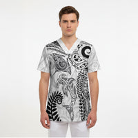 Aotearoa Maori Sea Animals Tribal Scrub Top Manta Ray and Shark Moko Pattern White Color