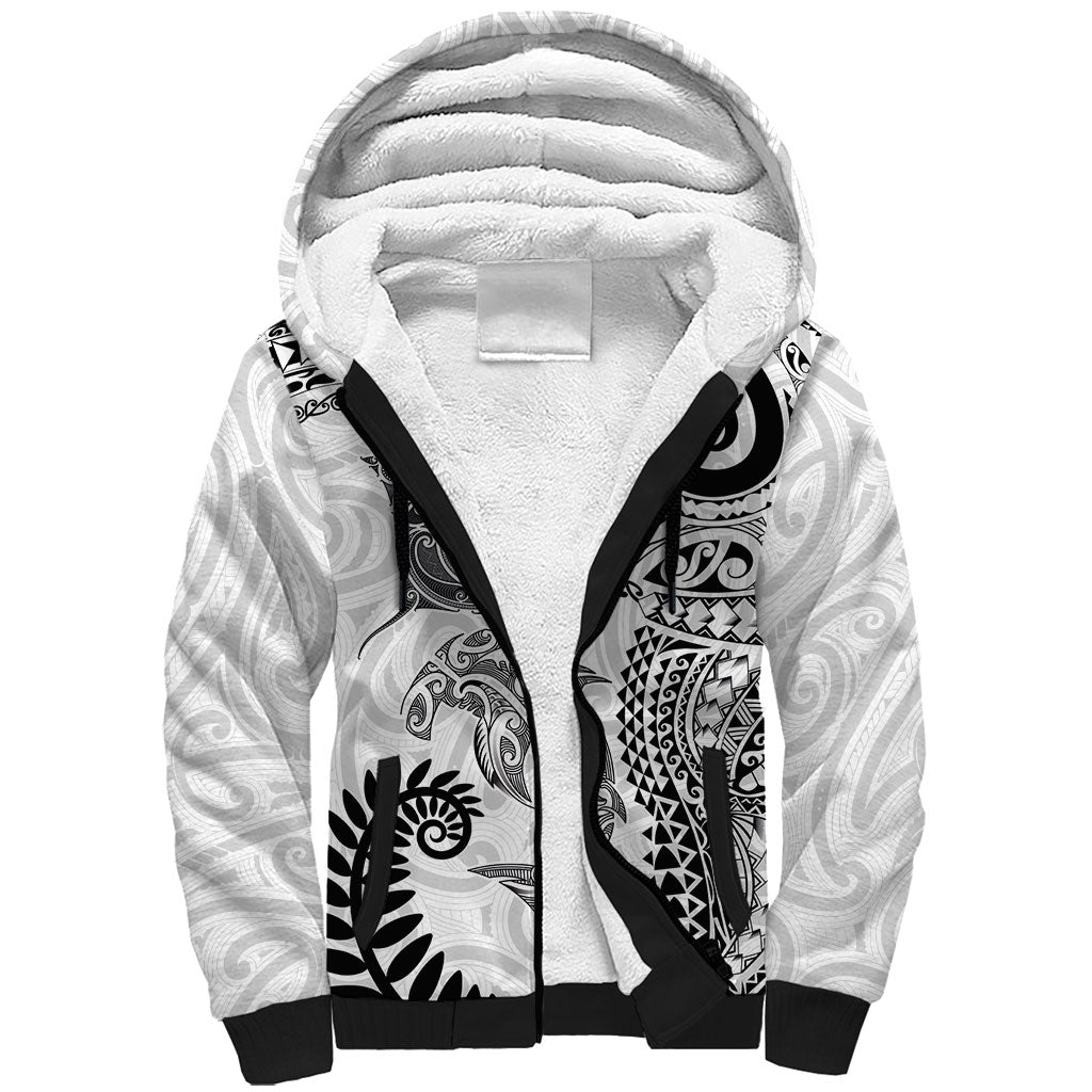 Aotearoa Maori Sea Animals Tribal Sherpa Hoodie Manta Ray and Shark Moko Pattern White Color