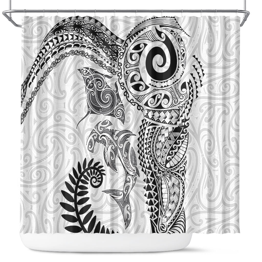 Aotearoa Maori Sea Animals Tribal Shower Curtain Manta Ray and Shark Moko Pattern White Color
