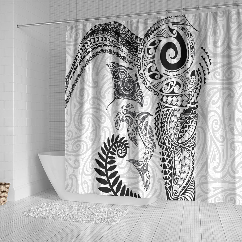 Aotearoa Maori Sea Animals Tribal Shower Curtain Manta Ray and Shark Moko Pattern White Color