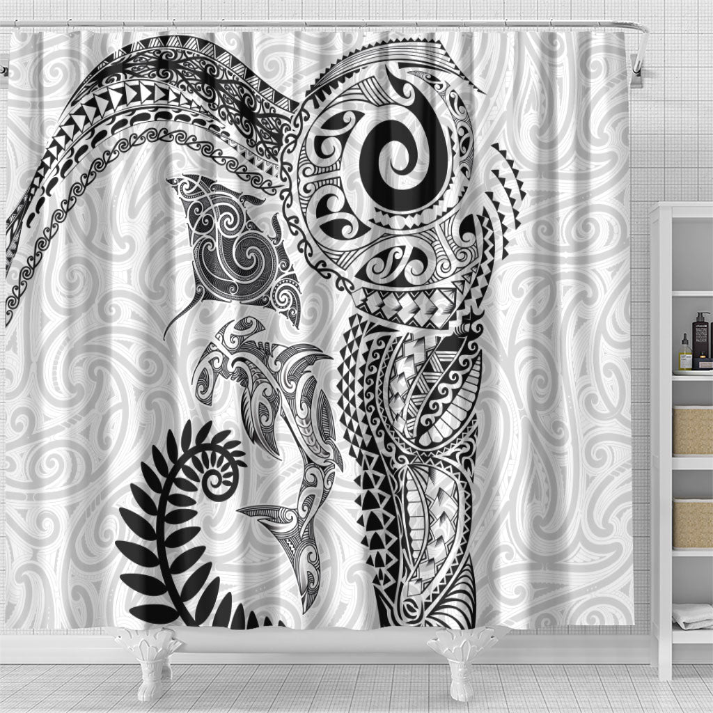 Aotearoa Maori Sea Animals Tribal Shower Curtain Manta Ray and Shark Moko Pattern White Color