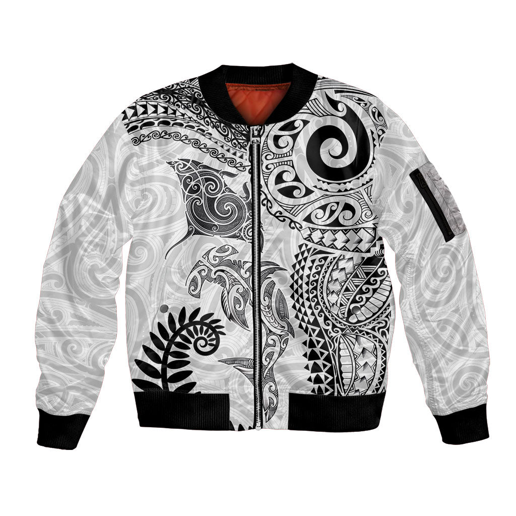 Aotearoa Maori Sea Animals Tribal Sleeve Zip Bomber Jacket Manta Ray and Shark Moko Pattern White Color