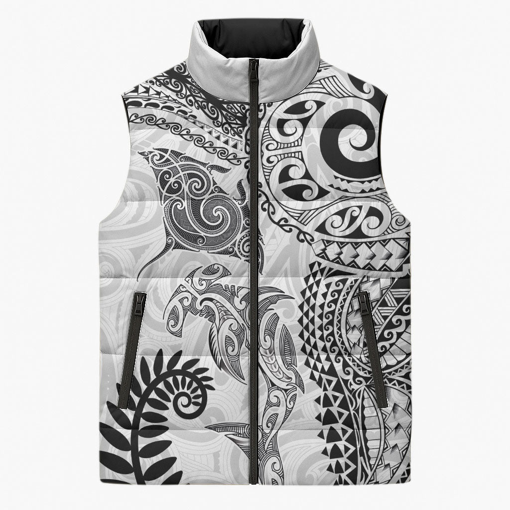 Aotearoa Maori Sea Animals Tribal Sleeveless Puffer Jacket Manta Ray and Shark Moko Pattern White Color