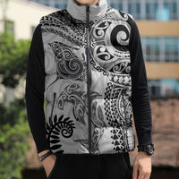 Aotearoa Maori Sea Animals Tribal Sleeveless Puffer Jacket Manta Ray and Shark Moko Pattern White Color