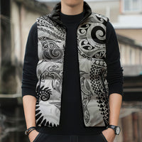 Aotearoa Maori Sea Animals Tribal Sleeveless Puffer Jacket Manta Ray and Shark Moko Pattern White Color