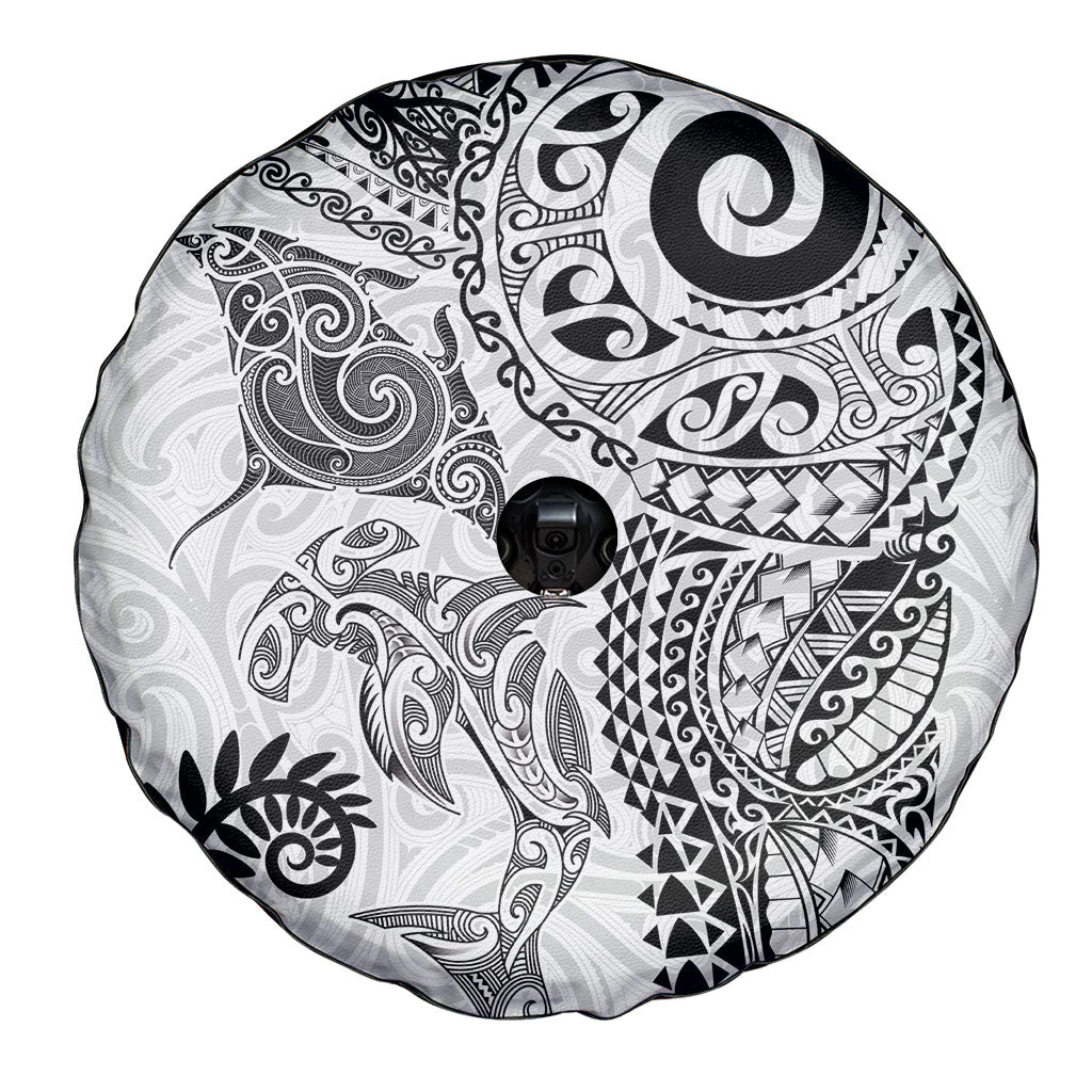 Aotearoa Maori Sea Animals Tribal Spare Tire Cover Manta Ray and Shark Moko Pattern White Color
